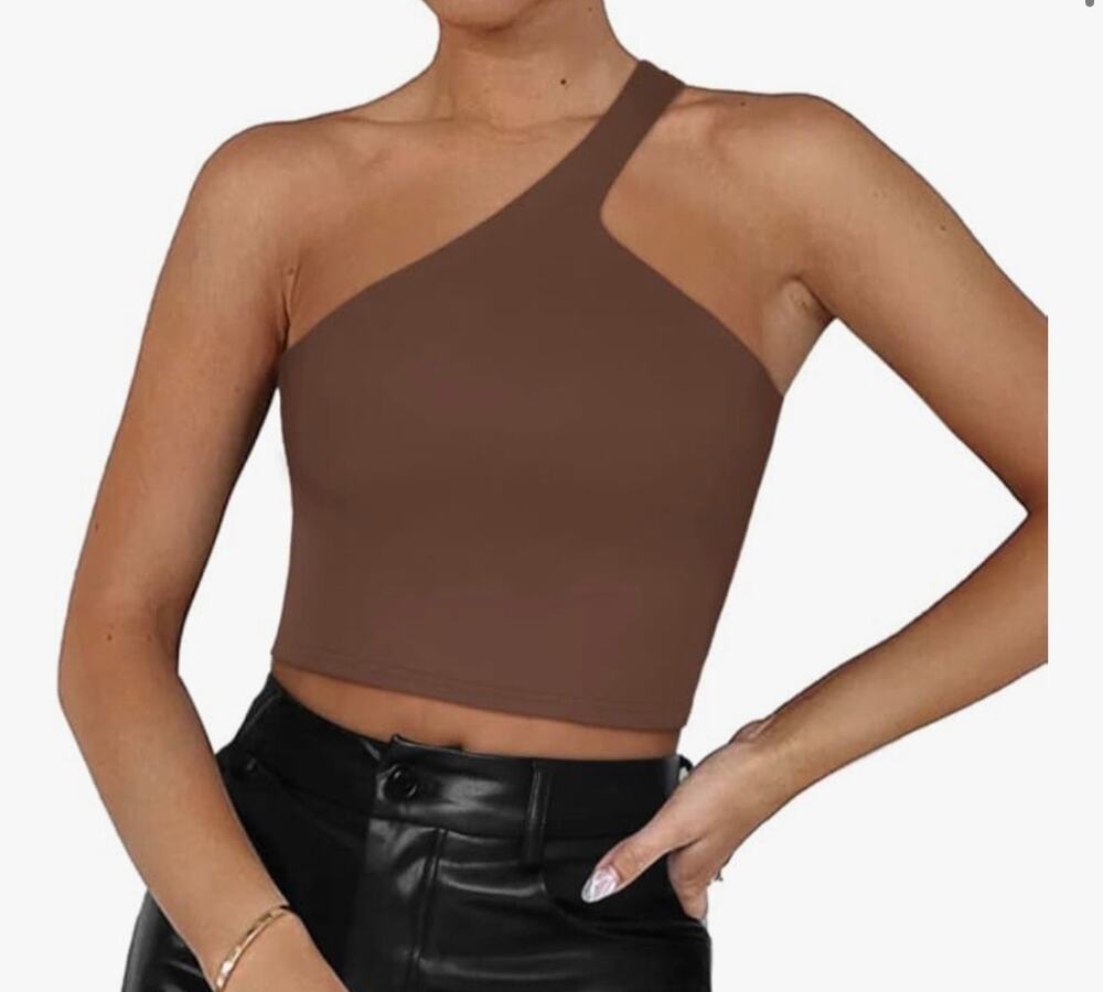 REORIA One Shoulder Crop Top Brown Size Medium